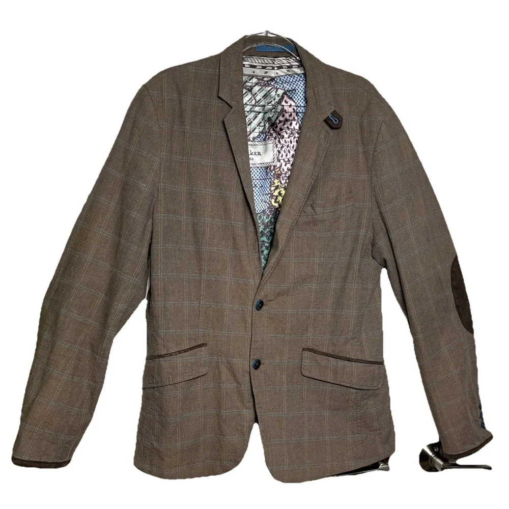Ted Baker London Cotton‎ Windowpane Elbow Pads Map Lined Blazer  Size 4/US Large